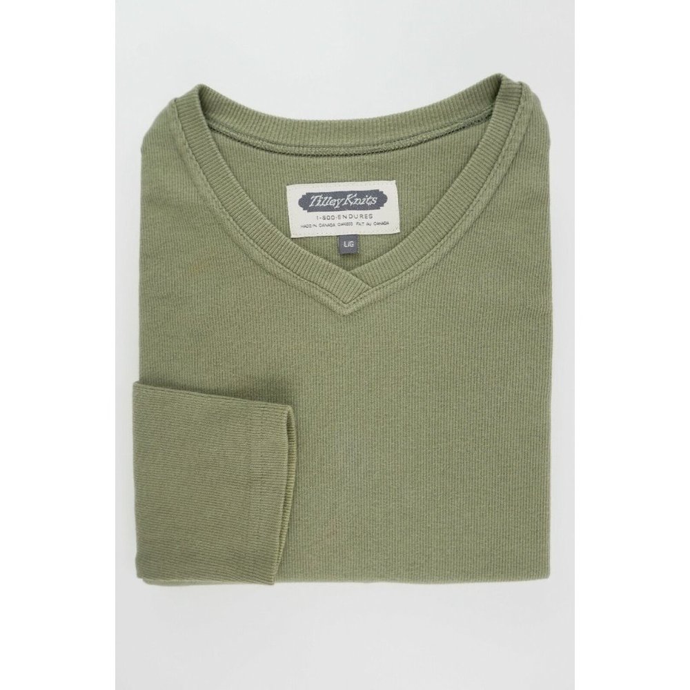 Tilley Knits Women's Large Long Sleeve Green Cotton Knit V-Neck Pullover Sweater
